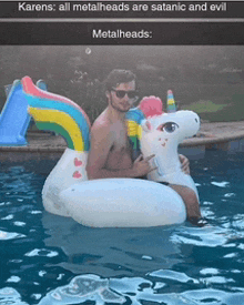 a man is sitting on a unicorn float in a pool