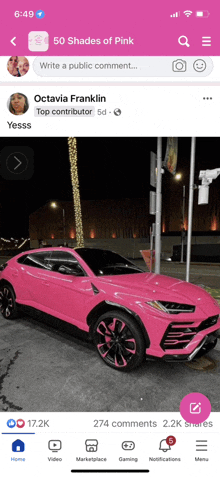 a screenshot of a facebook page with a pink car on it