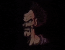 a close up of a cartoon character 's face with a beard in the dark .