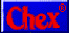 a pixel art of the word chex in red