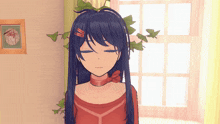 a girl with blue hair is sitting in front of a window with her eyes closed
