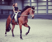 a woman is riding a brown horse in a ring