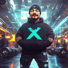 a man in a black hoodie with an x on it