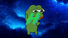 a cartoon frog is crying and holding a green hashtag in front of a blue background