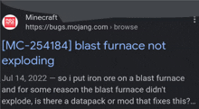 a screenshot of a tweet from minecraft that says " blast furnace not exploding "