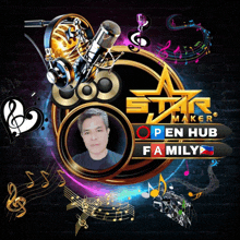 a star maker open hub family logo with a picture of a man