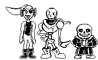 undertale papyrus and sans are standing next to each other in pixel art .