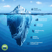 an iceberg with the words food insecurity nutritional deficiency climate change biodiversity loss water scarcity loss of farmers livelihood