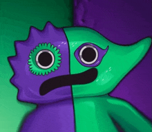 a purple and green cartoon character with a surprised look on their face .