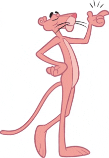 a pink panther is standing with his hands on his hips .