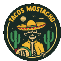 a logo for tacos mostacho with a skeleton wearing a sombrero and holding a taco