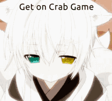 a picture of a girl with cat ears and the words get on crab game below her