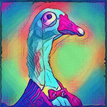 a colorful painting of a duck wearing a bow tie