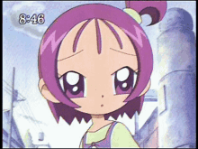 a cartoon girl with purple hair is standing on a street with the time 8:46 on the bottom