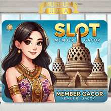 a poster for slot member gacor shows a woman and a pagoda