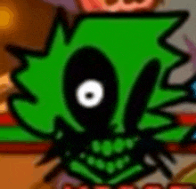 a close up of a green cartoon character with a black eye and mouth .