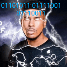 a man is surrounded by lightning and the numbers 0111011101 01110011 are on the bottom