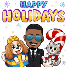 a man in a suit holding a dog and a cat with the words happy holidays behind him