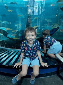 a boy in a blue shirt with pineapples on it sits in front of an aquarium