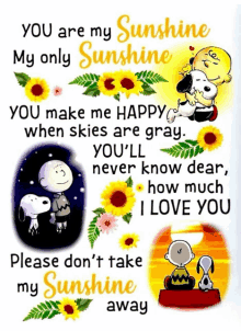 a snoopy poster that says you are my sunshine my only sunshine you make me happy when skies are gray