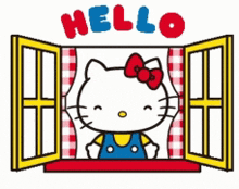 hello kitty is looking out of an open window with the word hello written above her