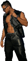 a shirtless man wearing sunglasses and a leather vest is holding a bag