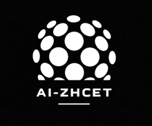 a white logo with circles and the word ai-zhcet on a black background