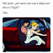 a cartoon of a man and a woman in a car with the caption mis amix