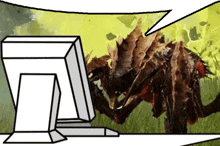 a cartoon drawing of a monster looking at a computer monitor