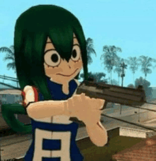 a cartoon girl with green hair is holding a gun in her hand .