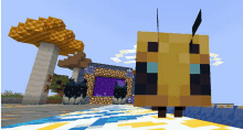 a minecraft bee is standing in front of a building