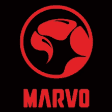 a red and black logo with the word marvo in red