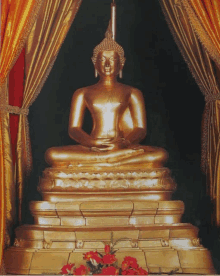 a gold statue of a buddha sits in front of a curtain