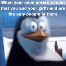 a picture of a penguin with a caption that says when your mom enters a room