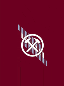 a hammer and an axe in a circle on a burgundy background