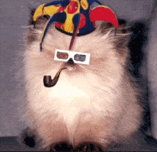 a cat wearing 3d glasses and a hat with a pipe in its mouth