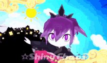 a cartoon character with purple hair and the word shiny on the bottom left