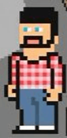 a pixel art of a man with a beard and a plaid shirt .