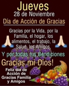 a poster that says jueves 28 de noviembre dia de accion de gracias on it