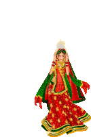 a woman in a red and green dress is holding a crown on her head