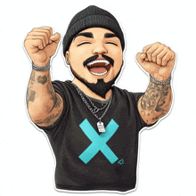 a cartoon drawing of a man wearing a black shirt with a blue cross on it