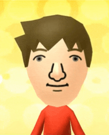 a cartoon character with brown hair and a red shirt is making a face