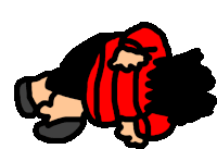 a cartoon drawing of a person in a red and black outfit