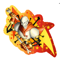 a cartoon drawing of papyrus with a red cape and a sword