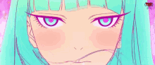 a close up of a cartoon girl with green hair and pink eyes