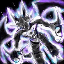 a black and white drawing of a dragon ball z character with purple and blue lights .