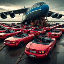 a row of red sports cars are parked in front of a large airplane with a license plate that says kr-24125