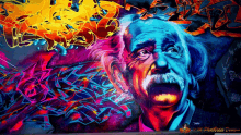 a colorful painting of albert einstein with graffiti on the wall