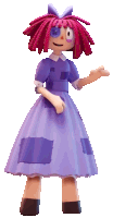 a cartoon doll with pink hair and a blue eye is wearing a purple dress