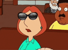 a cartoon character wearing sunglasses is sitting in a chair